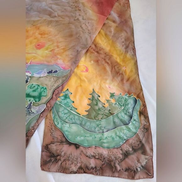 Vintage Handmade 💯 Long Silk Scarf Artisan Landscape - Picture 4 of 14